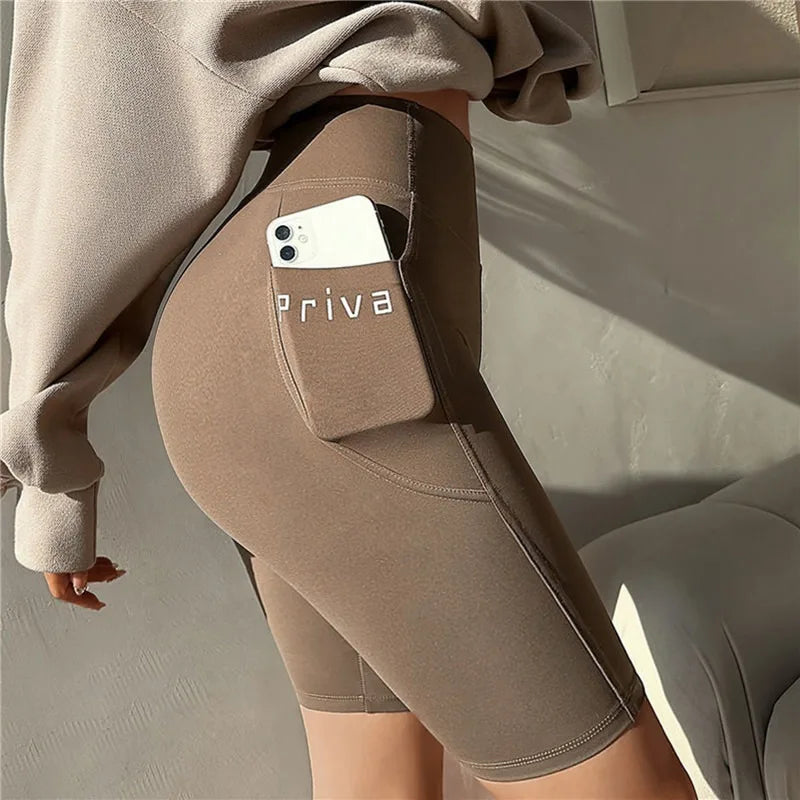 Women Yoga Sports Shorts High Waist Fitness Shorts Casual Streetwear Short Trousers with pocket